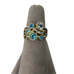 14K Yellow Gold Blue Topaz Aquamarine Diamond Cluster Wide Band Cocktail Ring